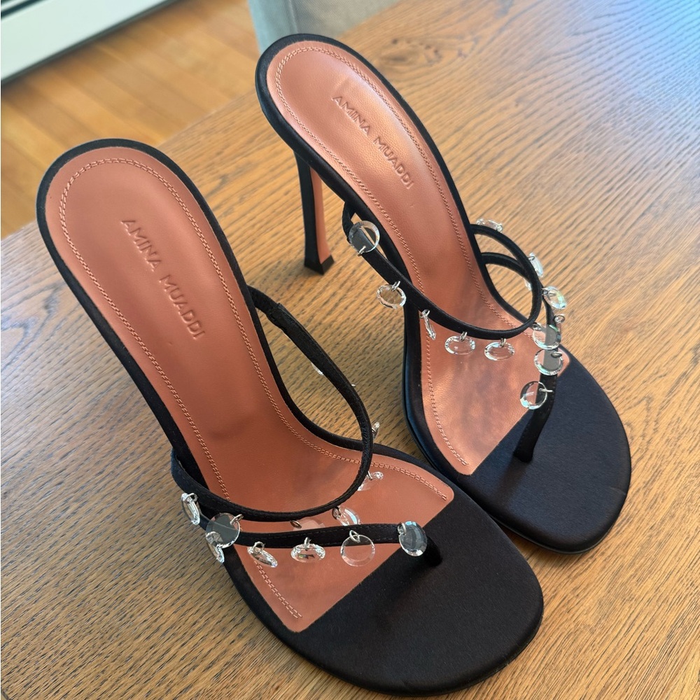 $1055 Amina Muaddi Women's Black Tina Crystal Slide Sandal Shoes Size 39 - Picture 6 of 8
